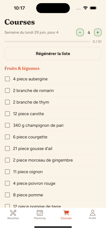 Liste de courses dans Cocotte rangée par rayon avec les quantités