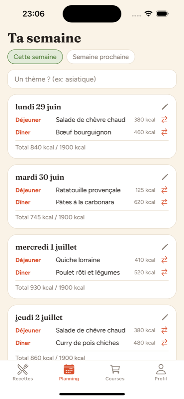 Planning de la semaine dans Cocotte avec les repas et les calories par jour