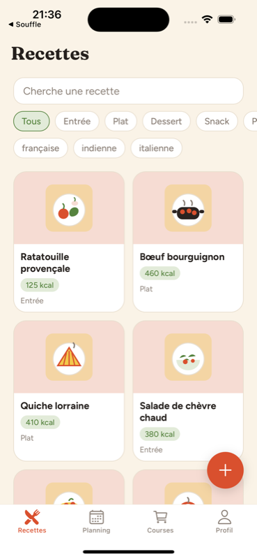 Bibliothèque de recettes illustrées dans Cocotte, avec filtres par type et cuisine